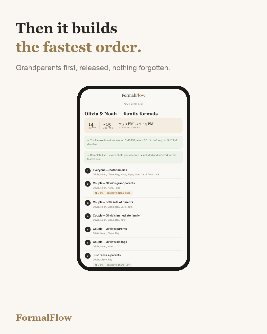 Family Formal Shot List Optimizer for Wedding Photographers | Auto-Orders Family Photos + Time Estimate | Offline App, No Subscription