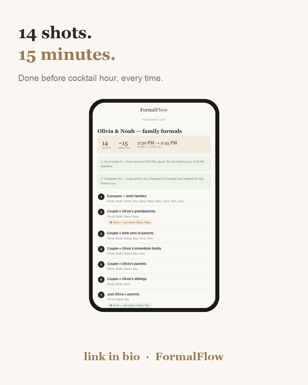 Family Formal Shot List Optimizer for Wedding Photographers | Auto-Orders Family Photos + Time Estimate | Offline App, No Subscription