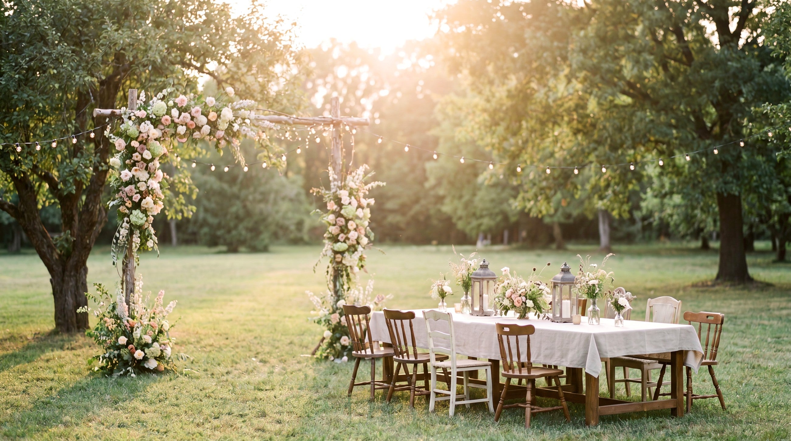 Elegant garden wedding setup at golden hour