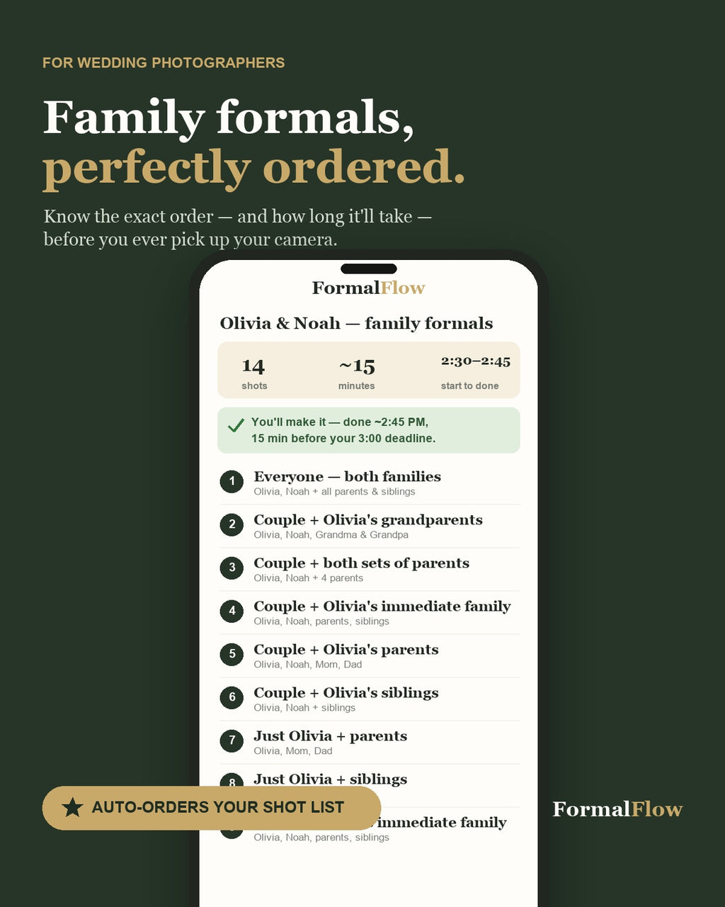FormalFlow — auto-ordered family formals shot list for wedding photographers