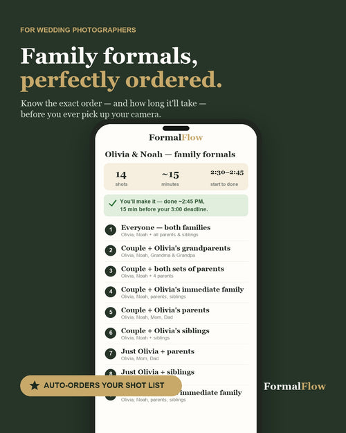 FormalFlow — auto-ordered family formals shot list for wedding photographers
