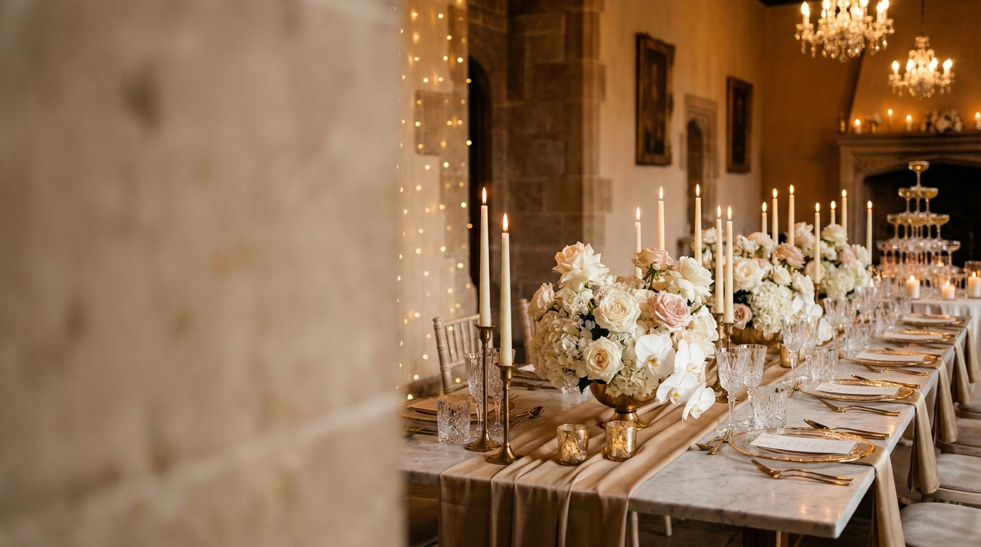 Opulent candlelit wedding reception tablescape