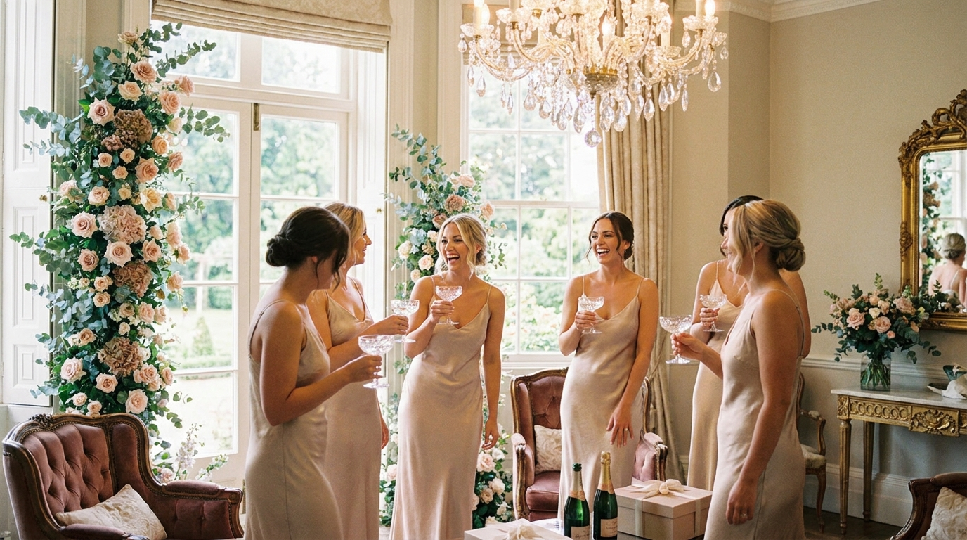 Glamorous bridesmaids with champagne in luxe suite