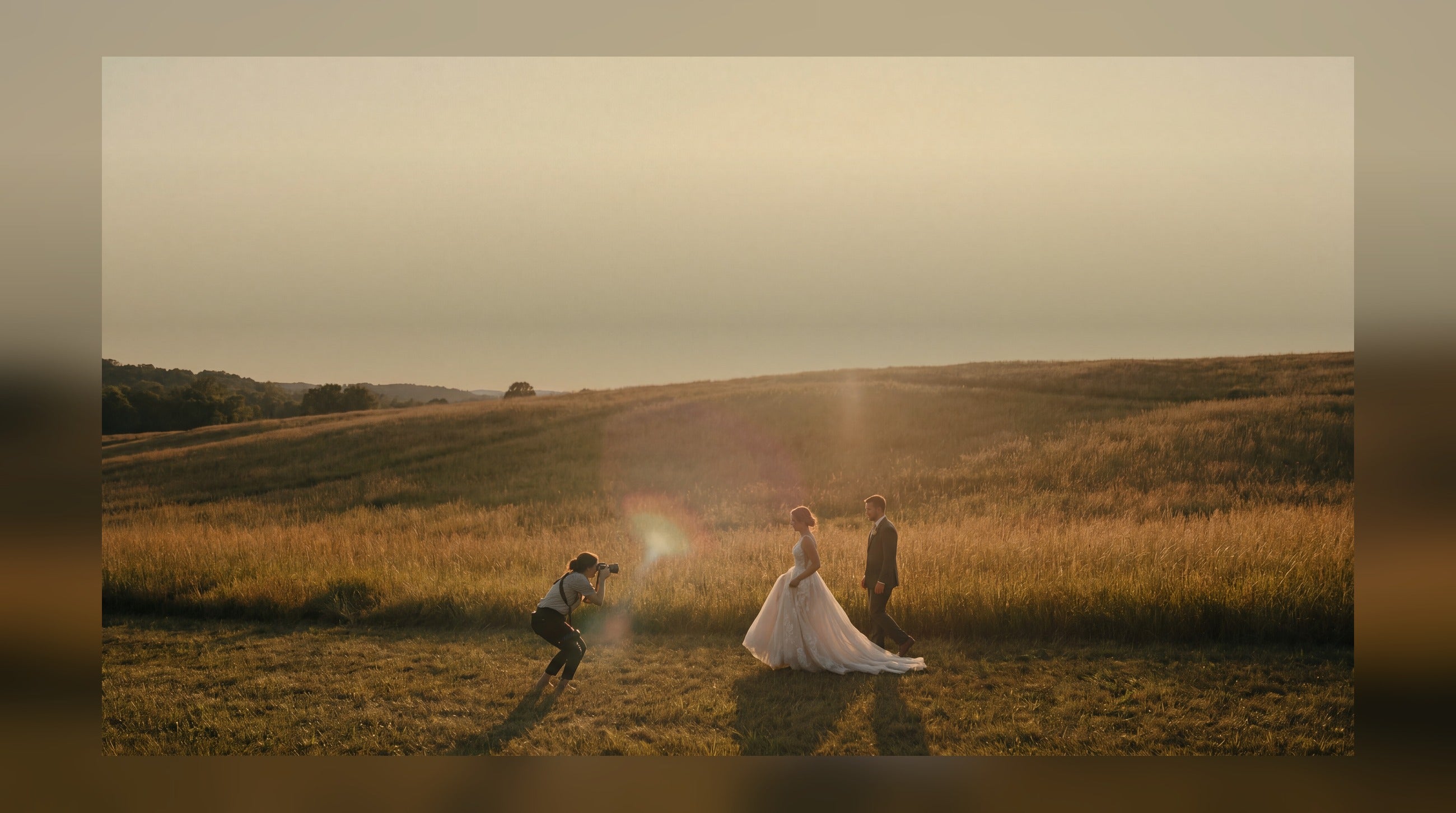 Wedding photographer photographing a couple at golden hour