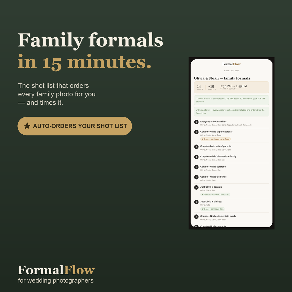 Family Formal Shot List Optimizer for Wedding Photographers | Auto-Orders Family Photos + Time Estimate | Offline App, No Subscription